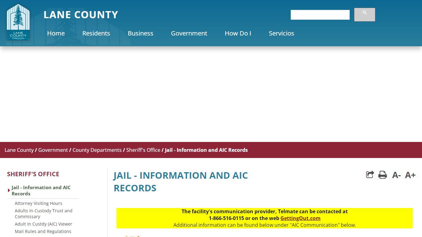 Jail - Information and AIC Records - Lane County